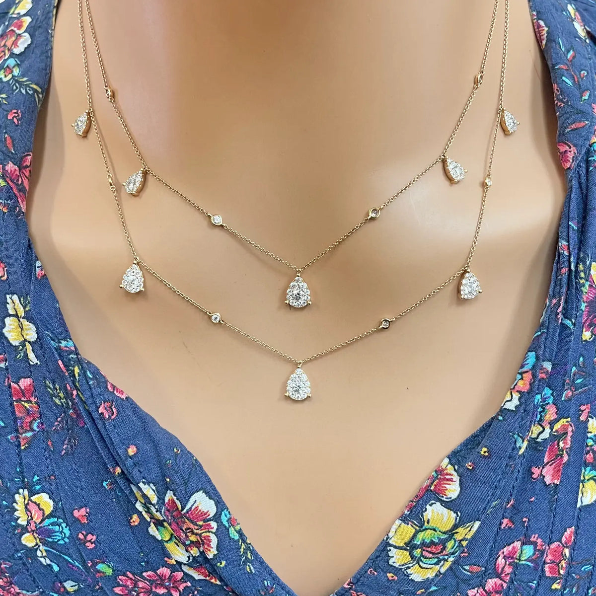 18ct Rose Gold Layered Necklace With Bezel & Claw Set Natural Round Diamonds 2.74ct 