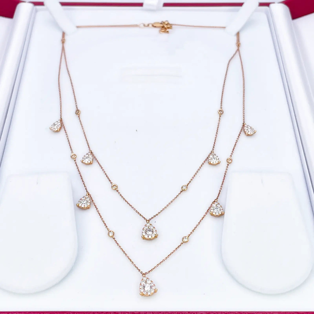 18ct Rose Gold Layered Necklace With Bezel & Claw Set Natural Round Diamonds 2.74ct 