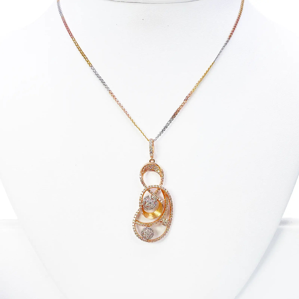 18ct Rose Gold Tri-Colour Chain & A Beautiful Unique Swirl Cubic Zirconia Pendant 19.5Inches 
