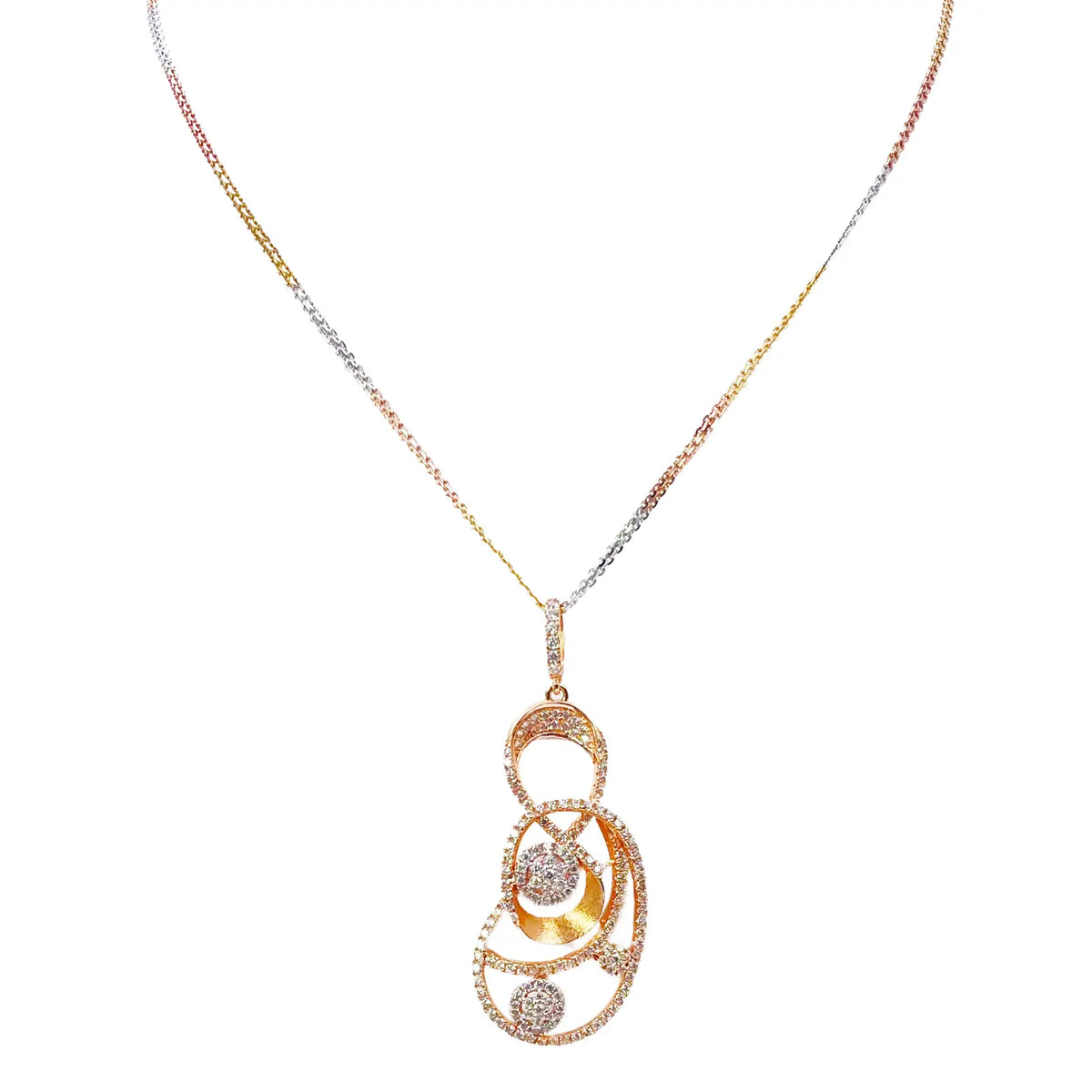 18ct Rose Gold Tri-Colour Chain & A Beautiful Unique Swirl Cubic Zirconia Pendant 19.5Inches 