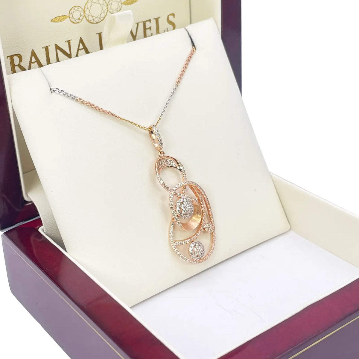 18ct Rose Gold Tri-Colour Chain & A Beautiful Unique Swirl Cubic Zirconia Pendant 19.5Inches 