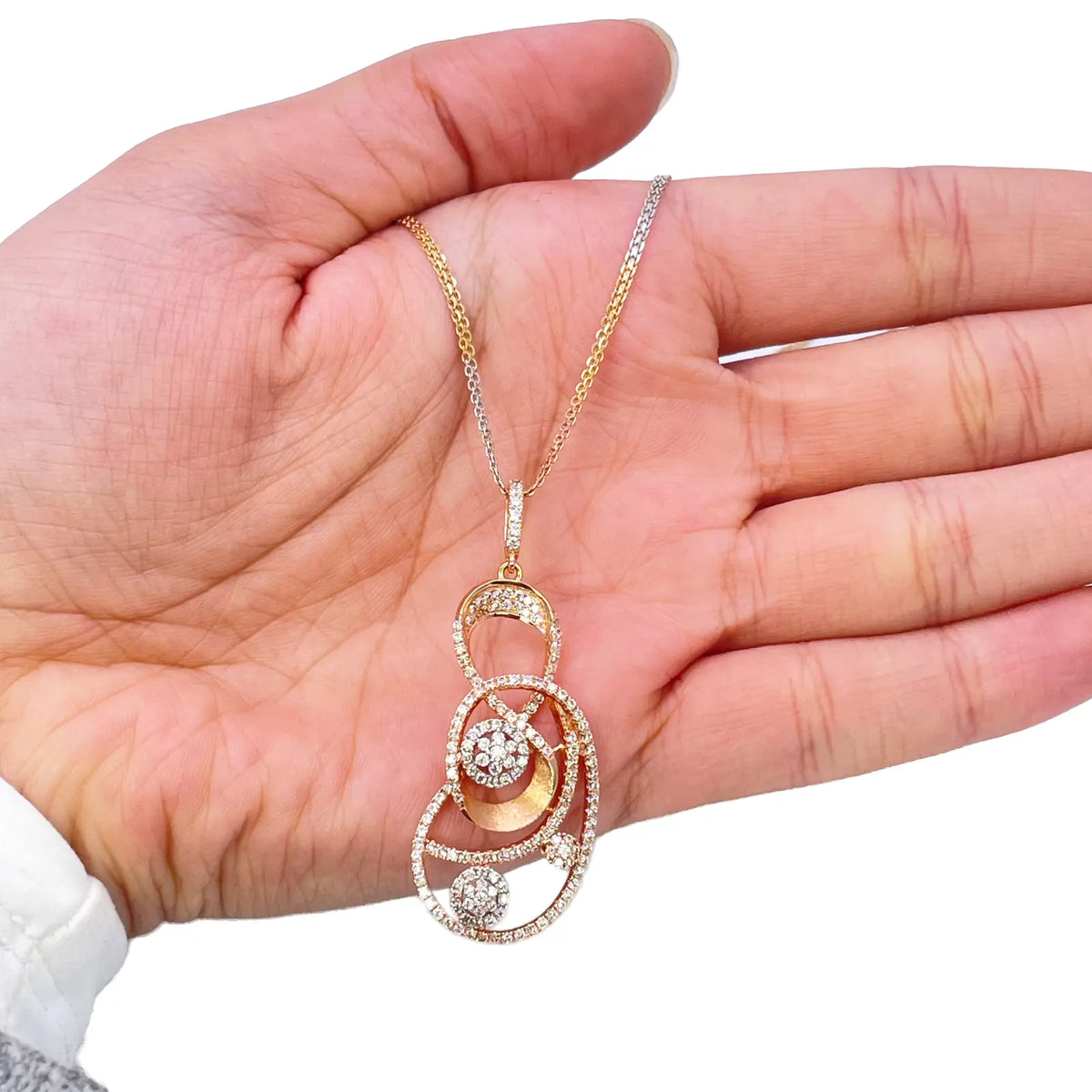 18ct Rose Gold Tri-Colour Chain & A Beautiful Unique Swirl Cubic Zirconia Pendant 19.5Inches 