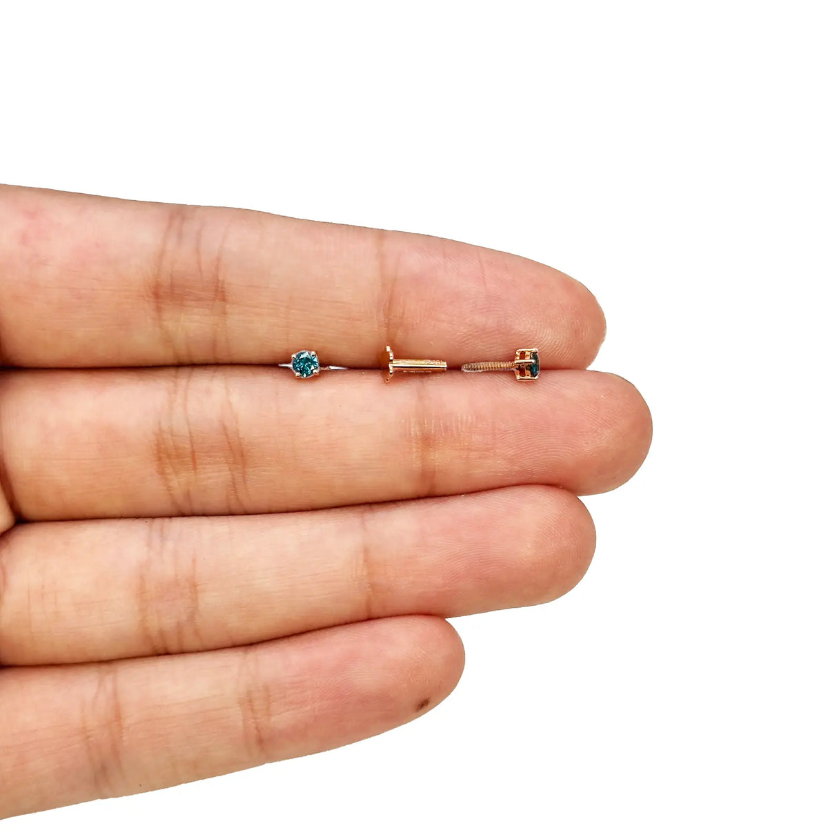 18ct Rose Gold & Natural Round 4-Claw Blue Diamond Children's Earrings 0.15ct 