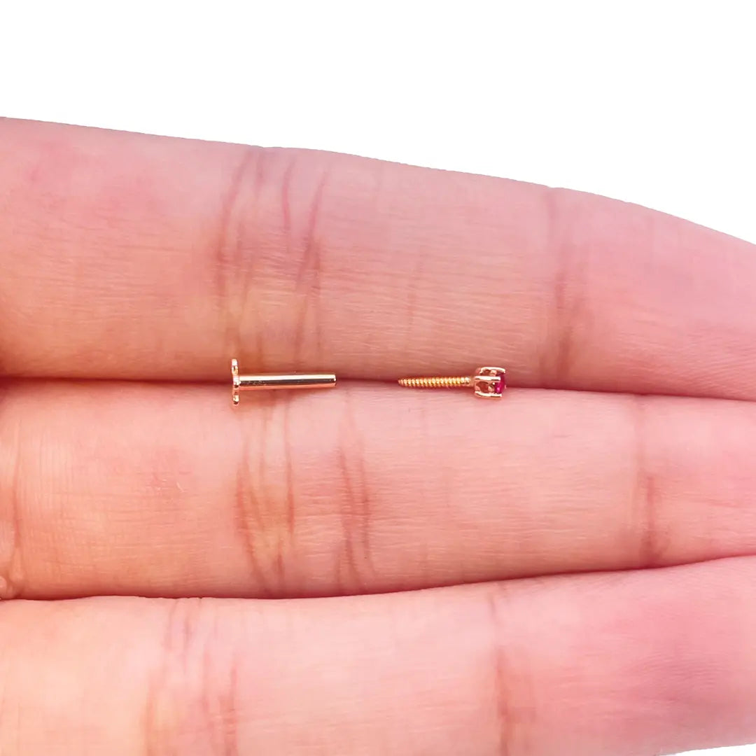 18ct Rose Gold & Natural Ruby Nose Stud Pin 0.02 Carats 4-Claw 1.8 mm 