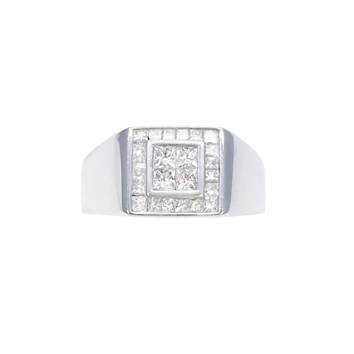 18ct White Gold 1.00ct Natural Diamond Princess Cut Invisible Gents Signet Ring  Diamond Ring