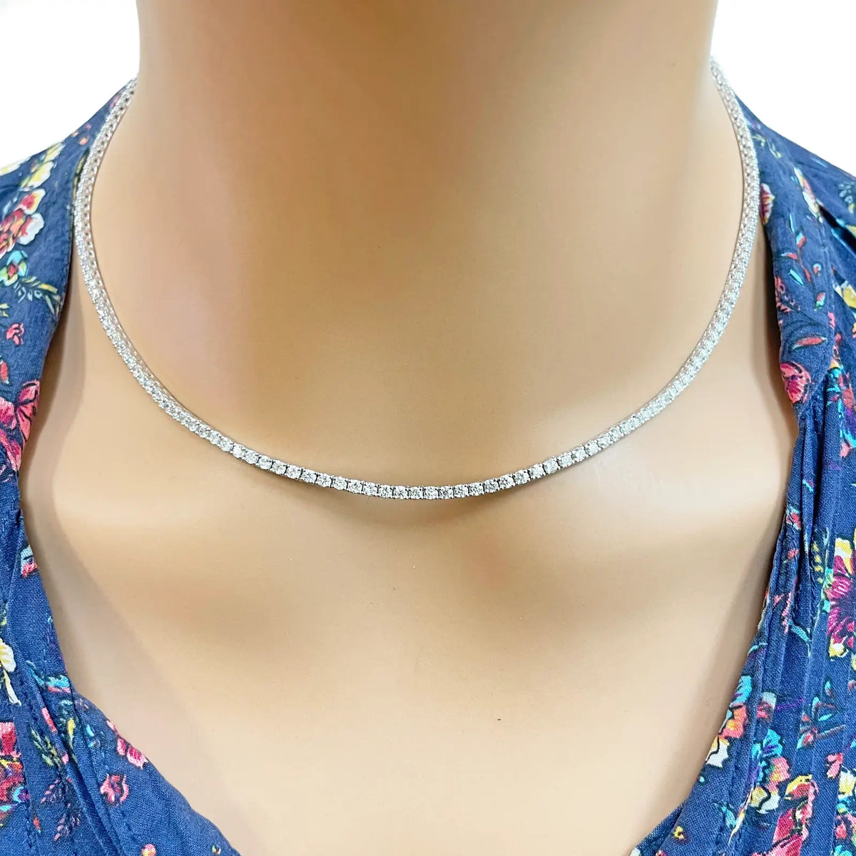 18ct White Gold 4-Claw Natural Diamond Tennis Necklace 6.00ct 17.5 Inches 