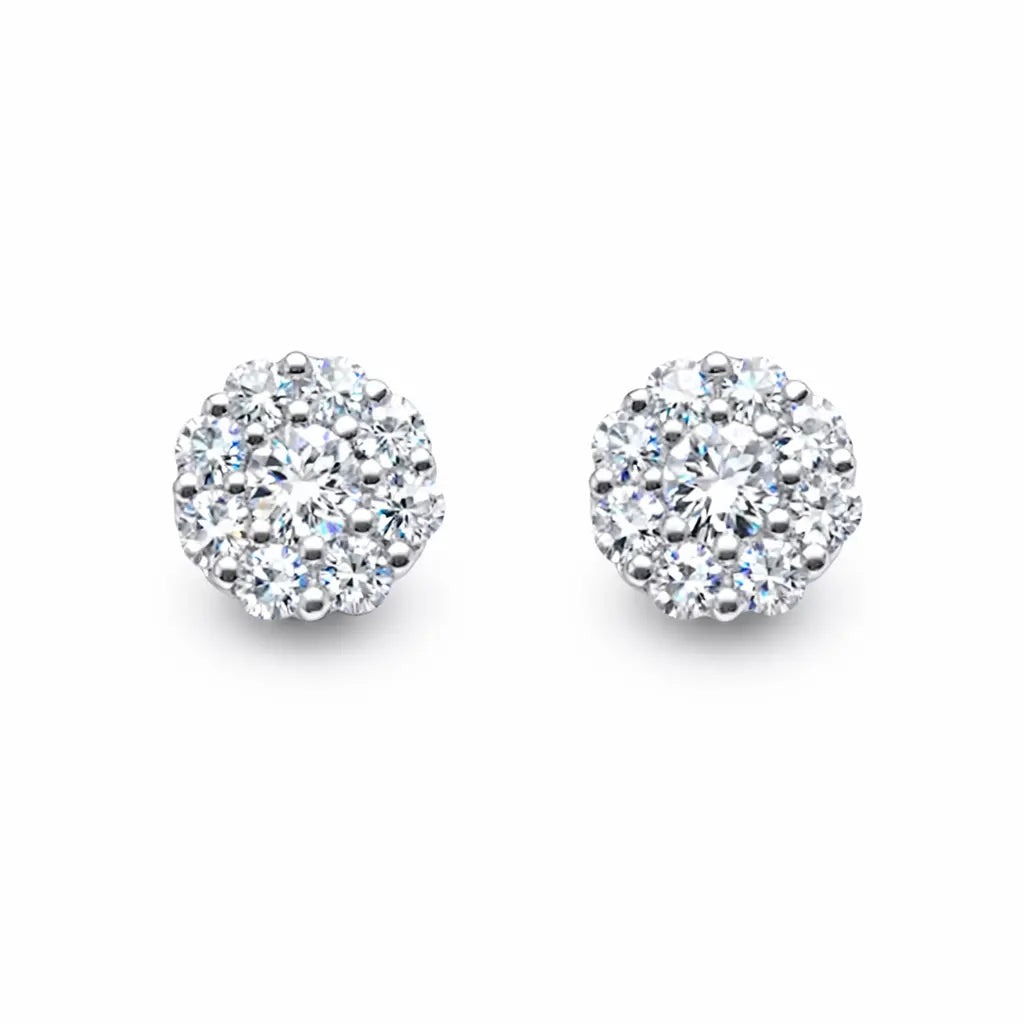 18ct White Gold 9 Stone Daisy Cluster Diamond Stud Earrings IGI Certified 1.40ct  Diamond earring