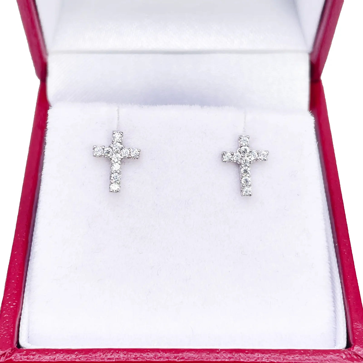 18ct White Gold Cubic  Zirconia Tiny Cross Children's Earrings 8mm Length 