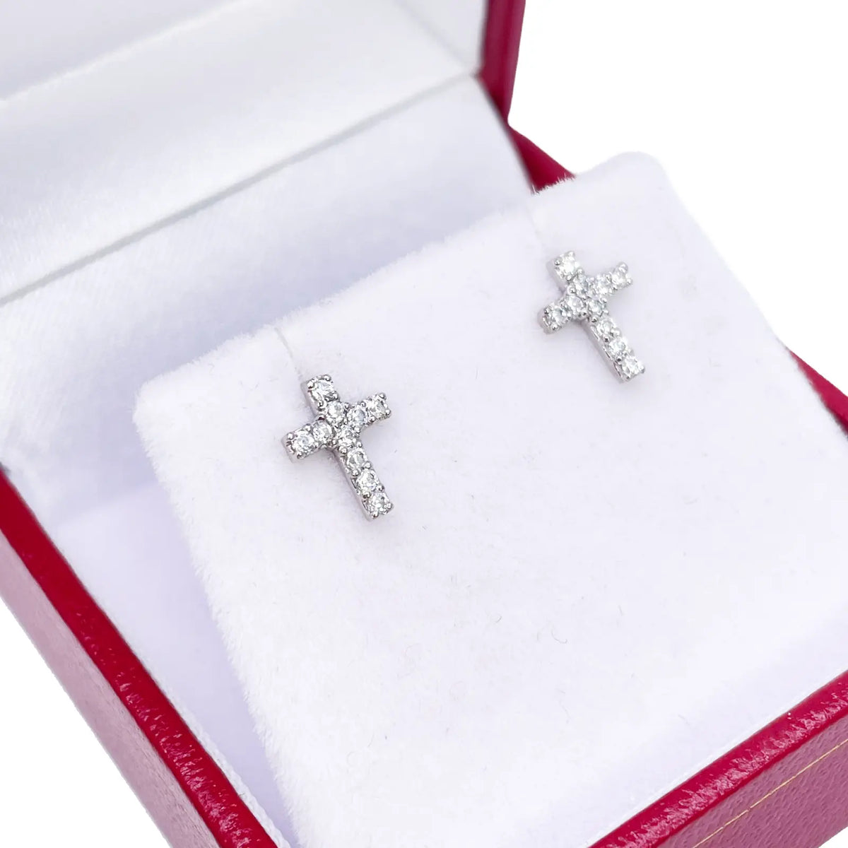 18ct White Gold Cubic  Zirconia Tiny Cross Children's Earrings 8mm Length 