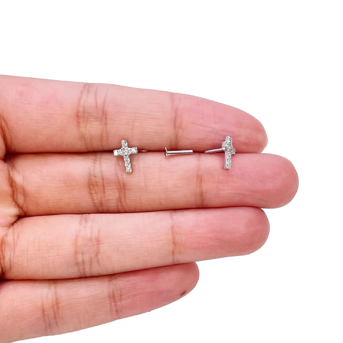 18ct White Gold Cubic  Zirconia Tiny Cross Children's Earrings 8mm Length 