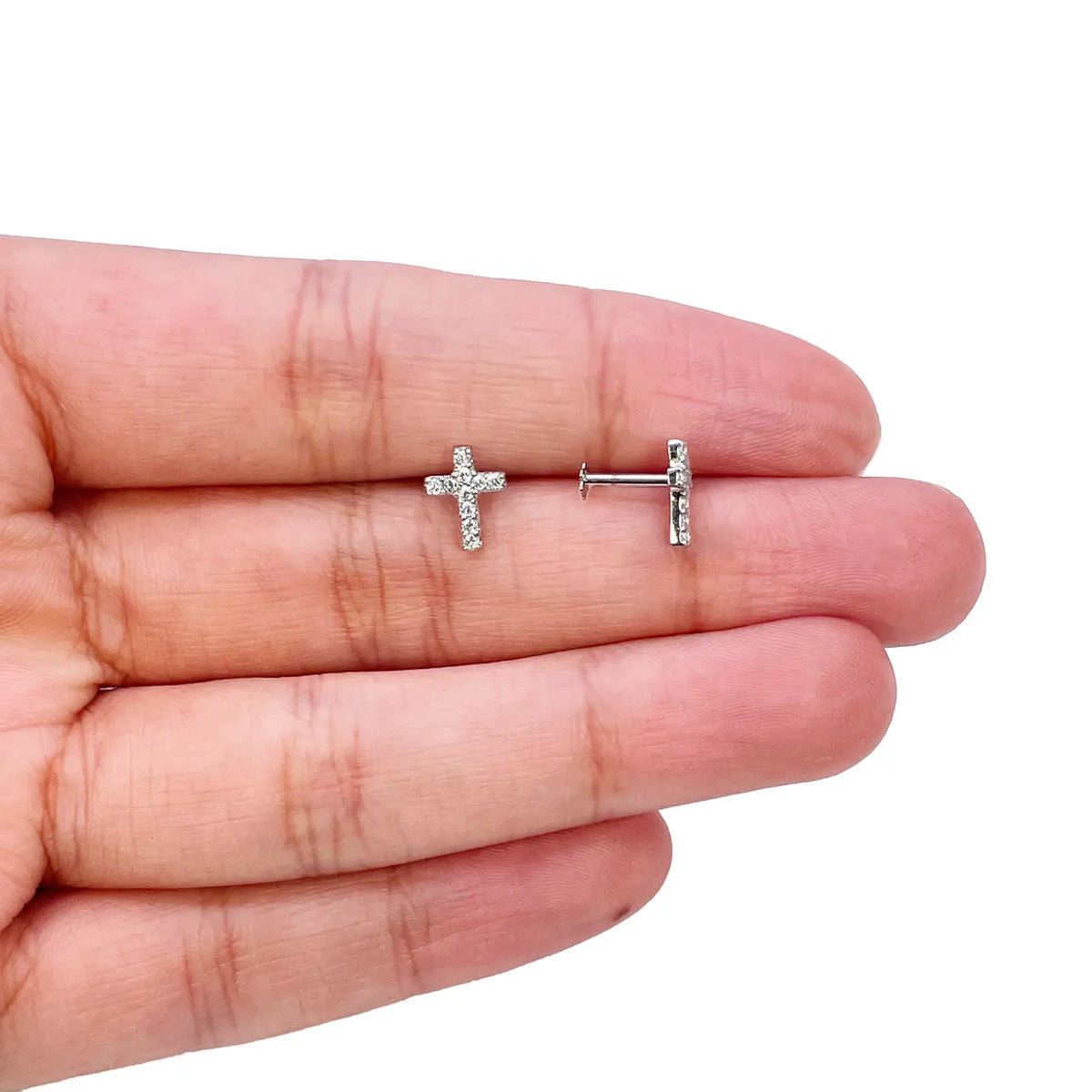 18ct White Gold Cubic  Zirconia Tiny Cross Children's Earrings 8mm Length 