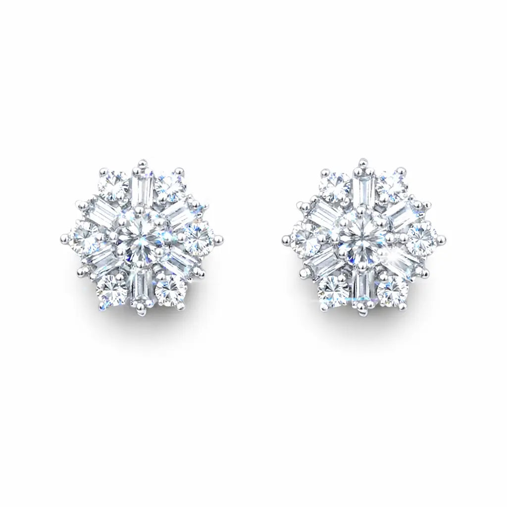 18ct White Gold Diamond Baguette Snowflake Cluster Stud Earring 9mm width,0.62ct  Diamond earring