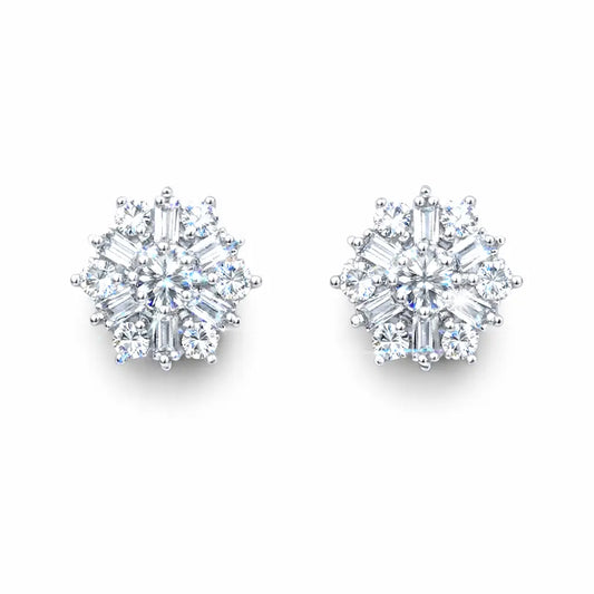 18ct White Gold Diamond Baguette Snowflake Cluster Stud Earring 9mm width,0.62ct  Diamond earring