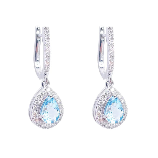 18ct White Gold Diamond & Blue Aquamarine Pear Halo Hoop Earrings 1.58ct  Diamond earring