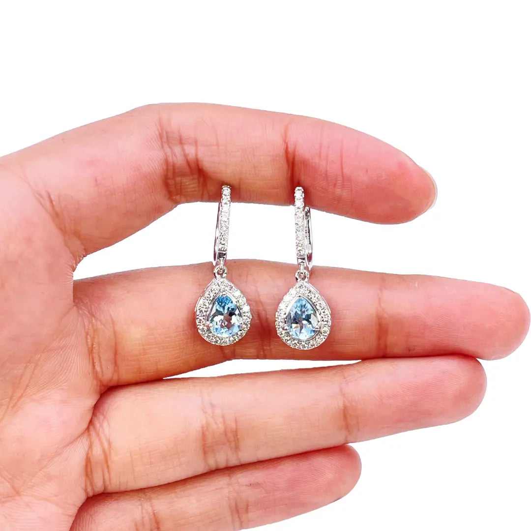 18ct White Gold Diamond & Blue Aquamarine Pear Halo Hoop Earrings 1.58ct  Diamond earring
