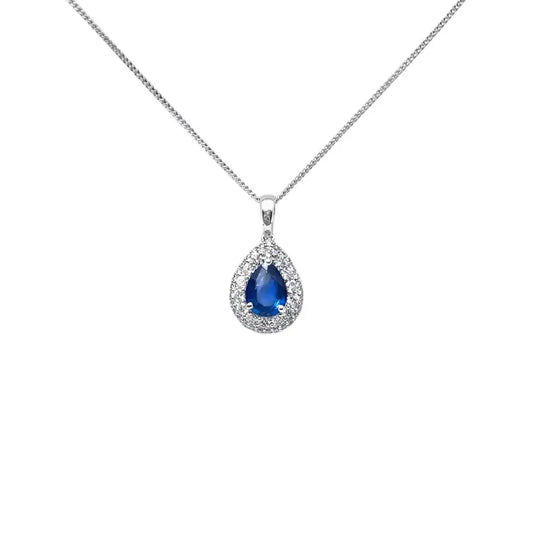 18ct White Gold Double Row Halo Diamond Blue Sapphire Pear Pendant&Chain 0.32ct  Diamond Necklace