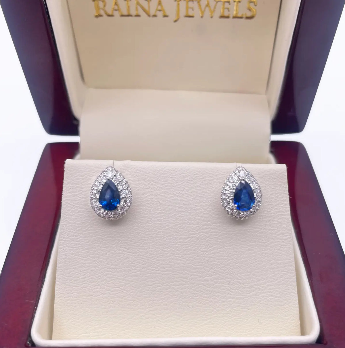 18ct White Gold Double Row Halo Diamond & Blue Sapphire Pear Shape Earring 0.46ct  Diamond earring