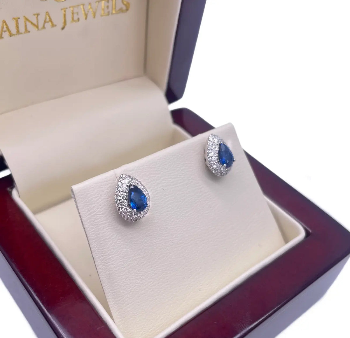 18ct White Gold Double Row Halo Diamond & Blue Sapphire Pear Shape Earring 0.46ct  Diamond earring