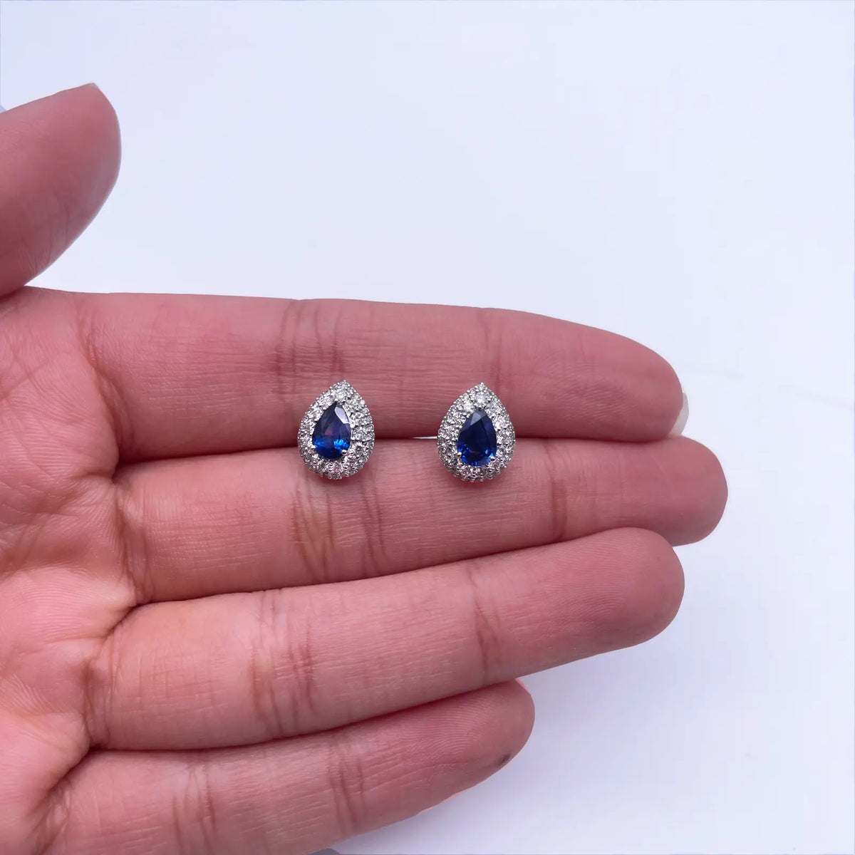 18ct White Gold Double Row Halo Diamond & Blue Sapphire Pear Shape Earring 0.46ct  Diamond earring