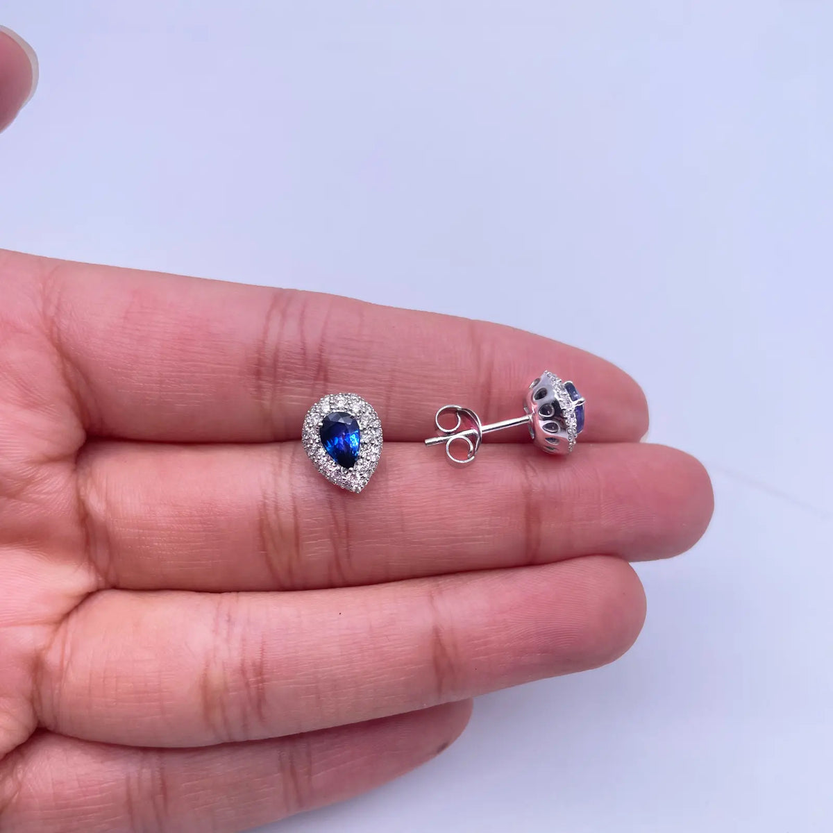 18ct White Gold Double Row Halo Diamond & Blue Sapphire Pear Shape Earring 0.46ct  Diamond earring
