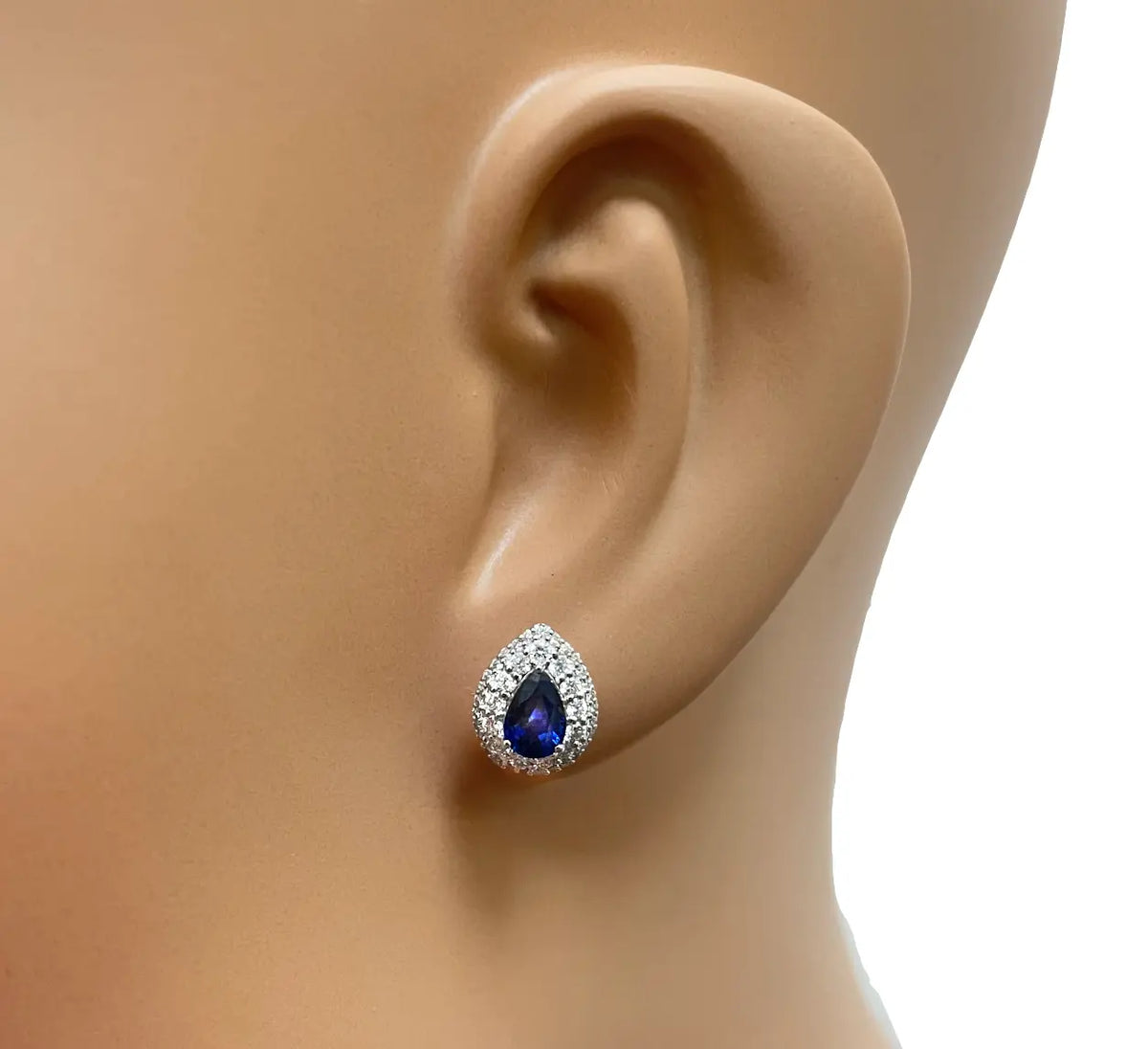 18ct White Gold Double Row Halo Diamond & Blue Sapphire Pear Shape Earring 0.46ct  Diamond earring