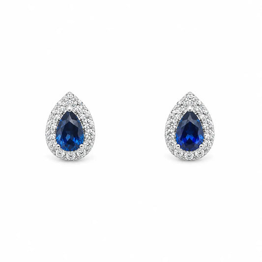 18ct White Gold Double Row Halo Diamond & Blue Sapphire Pear Shape Earring 0.46ct  Diamond earring