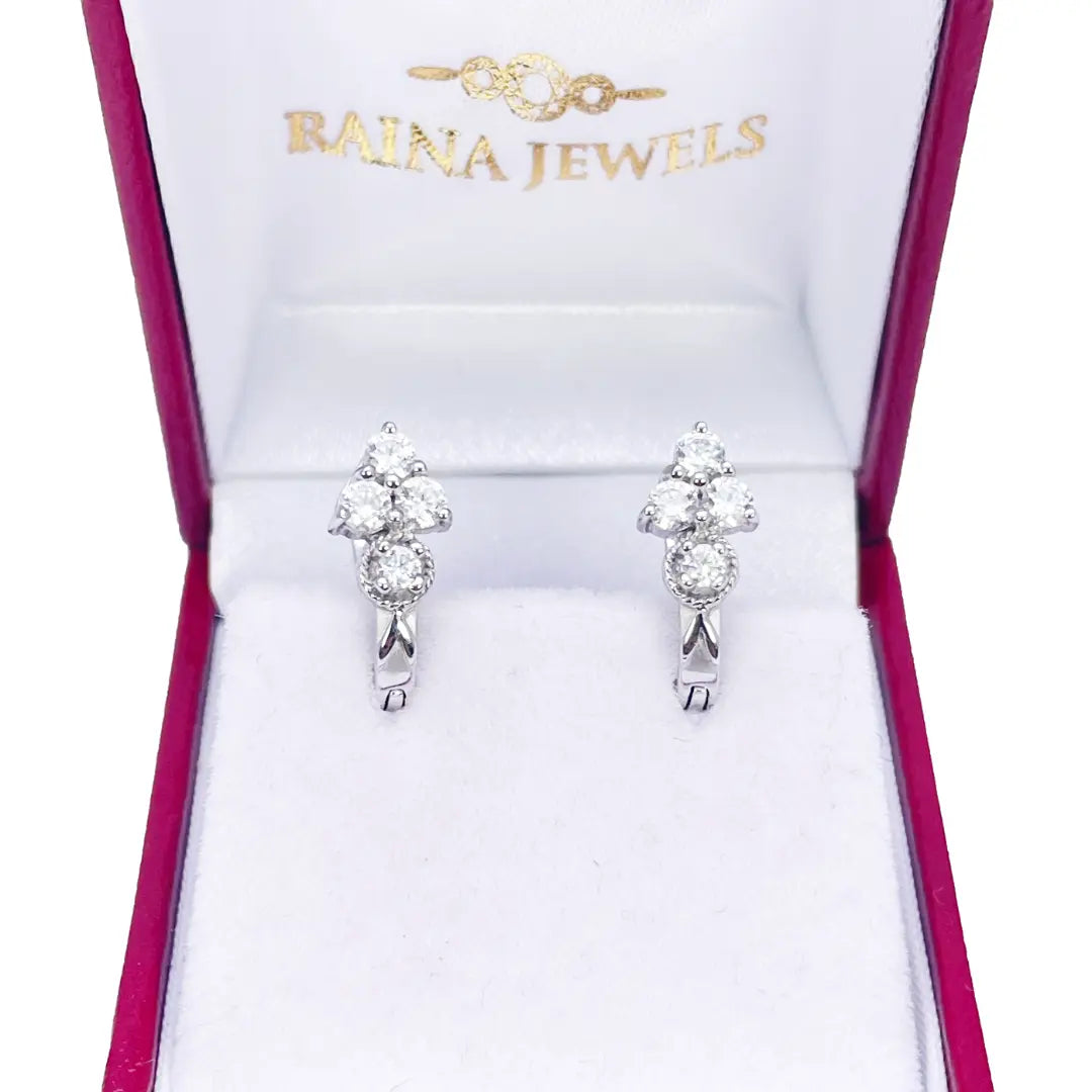 18ct White Gold Four Stone Cubic Zirconia Pair of Hoop Earrings 6.7mm Diameter 