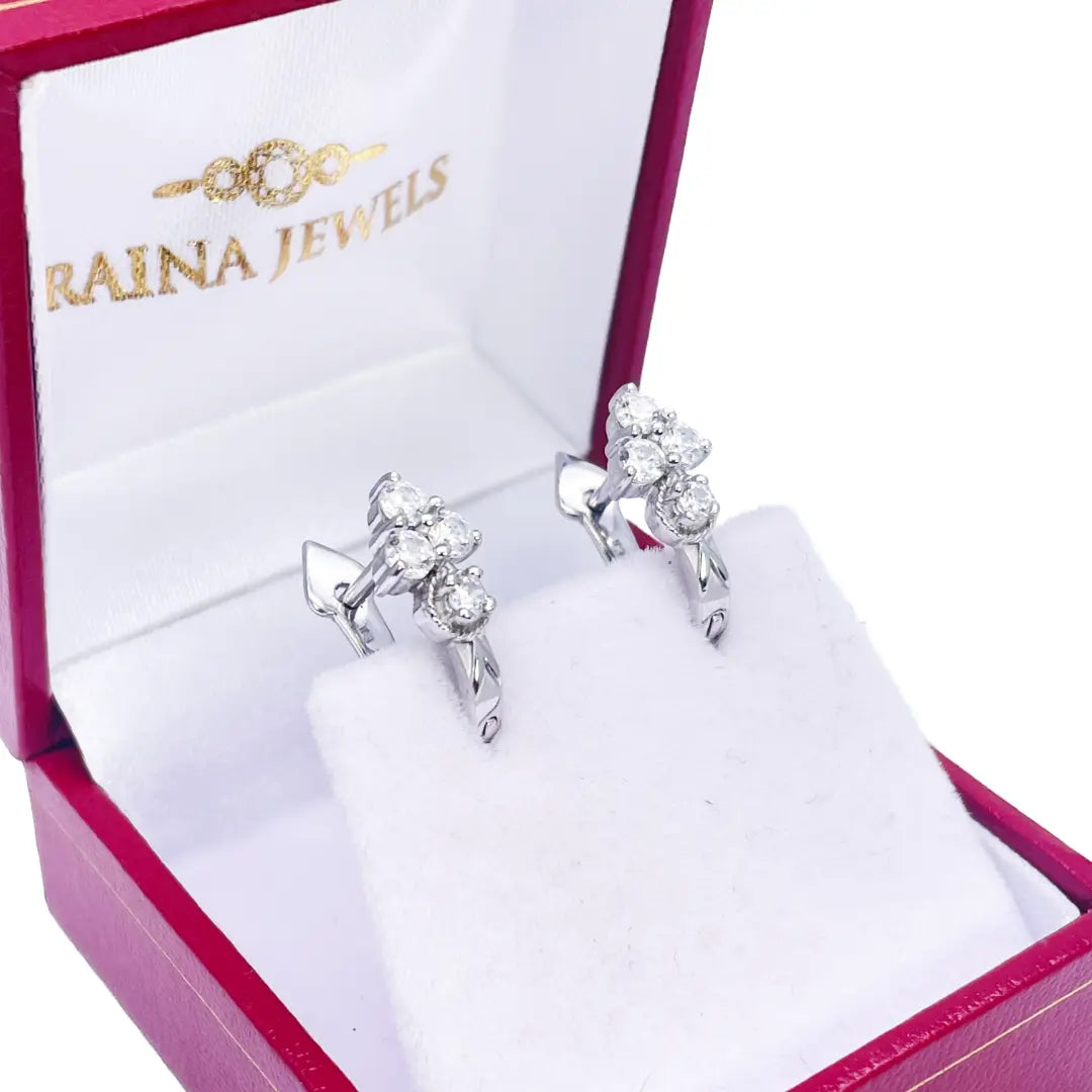 18ct White Gold Four Stone Cubic Zirconia Pair of Hoop Earrings 6.7mm Diameter 