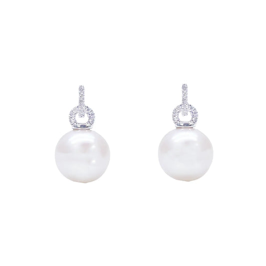 18ct White Gold Freshwater Pearl & Diamond Drop Pair Earrings 0.05ct 