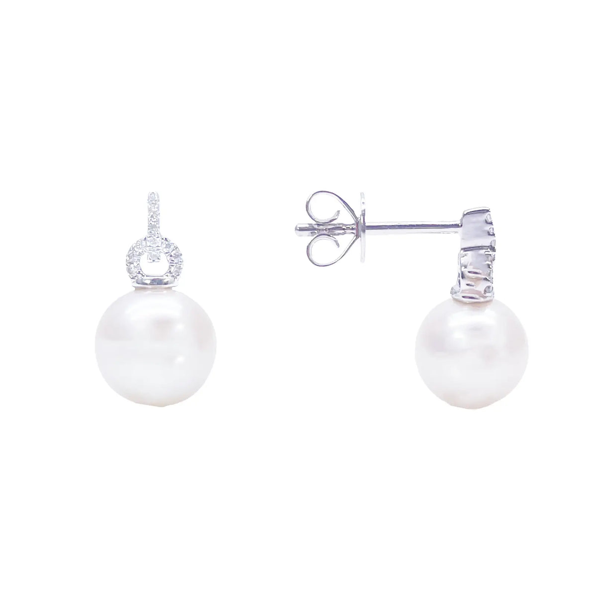 18ct White Gold Freshwater Pearl & Diamond Drop Pair Earrings 0.05ct 