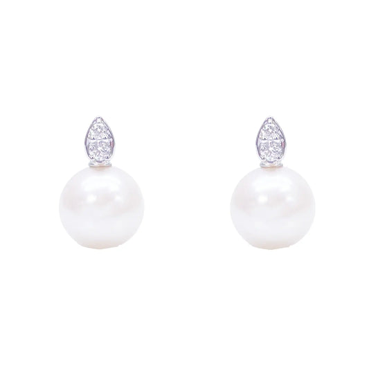 18ct White Gold Freshwater Pearl & Diamond Drop Pair Earrings 0.07ct 