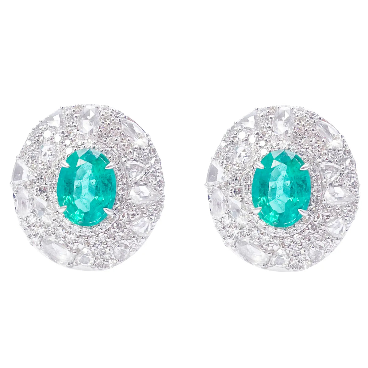 18ct White Gold Green Emerald Rose Cut Diamond Oval Cluster Earrings 6.11ct 