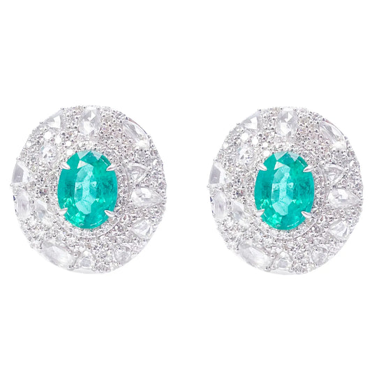 18ct White Gold Green Emerald Rose Cut Diamond Oval Cluster Earrings 6.11ct 