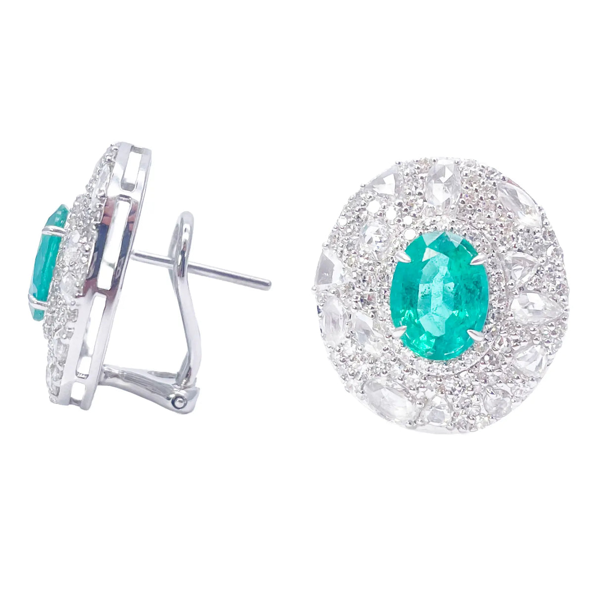 18ct White Gold Green Emerald Rose Cut Diamond Oval Cluster Earrings 6.11ct 