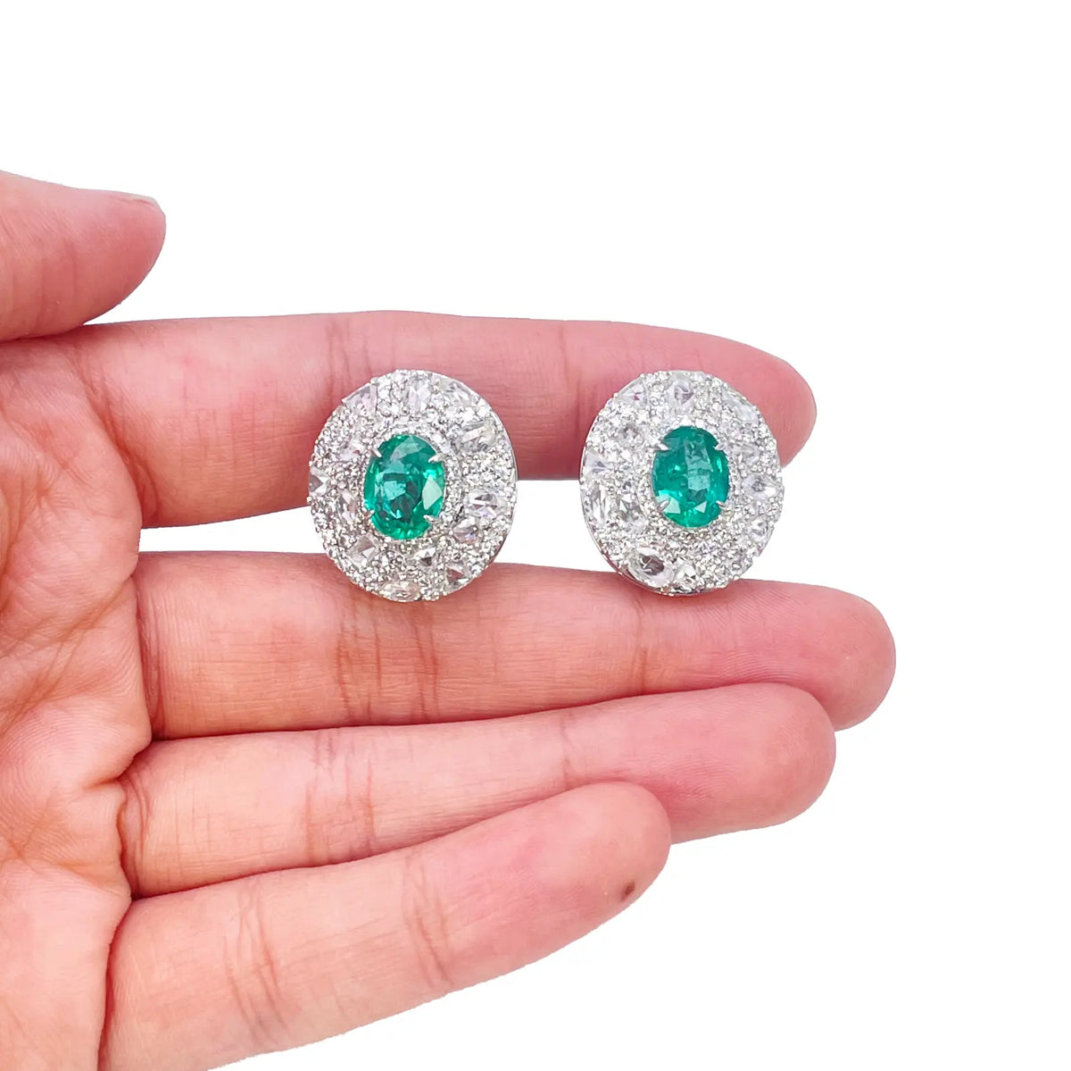 18ct White Gold Green Emerald Rose Cut Diamond Oval Cluster Earrings 6.11ct 