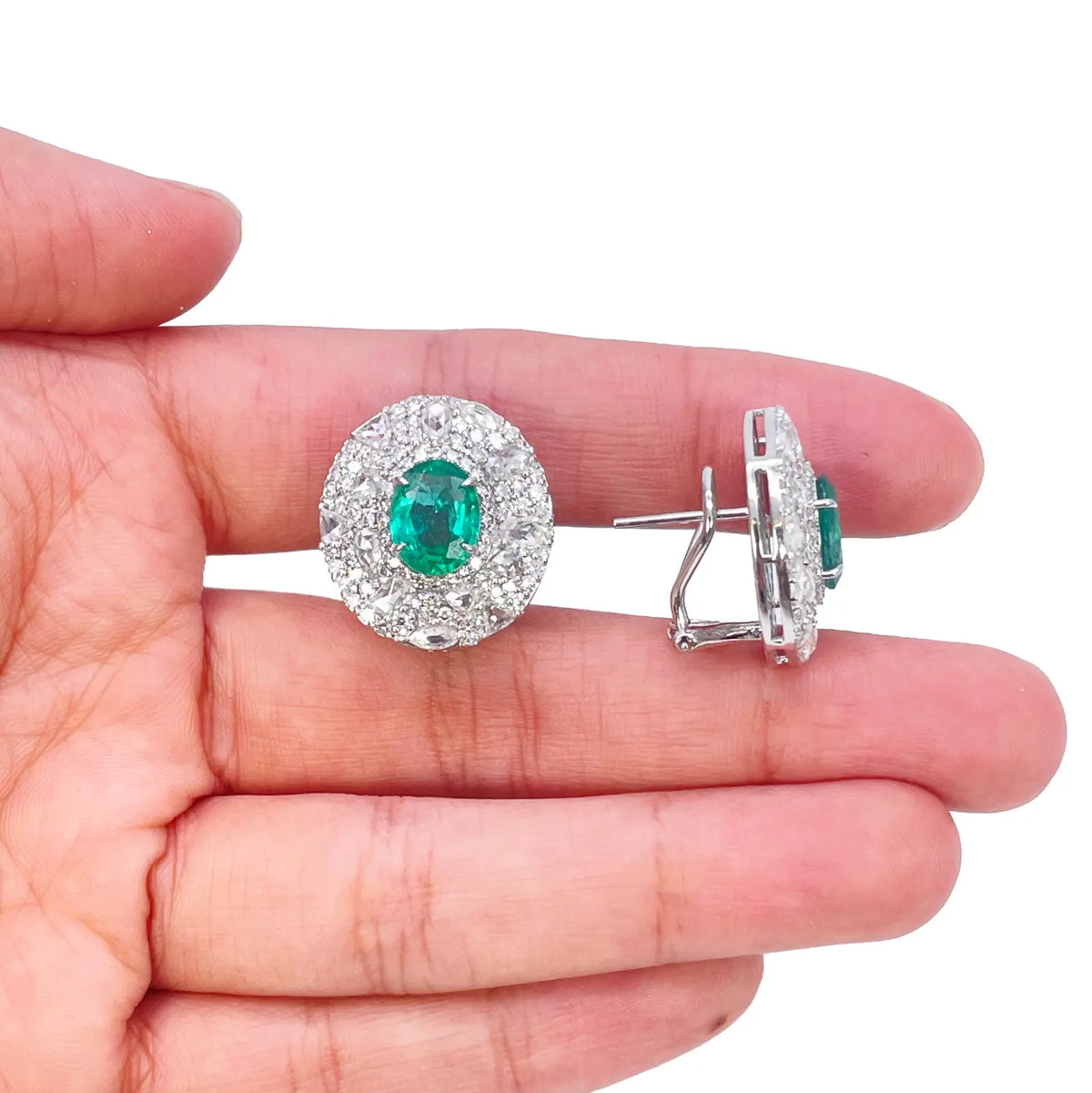 18ct White Gold Green Emerald Rose Cut Diamond Oval Cluster Earrings 6.11ct 