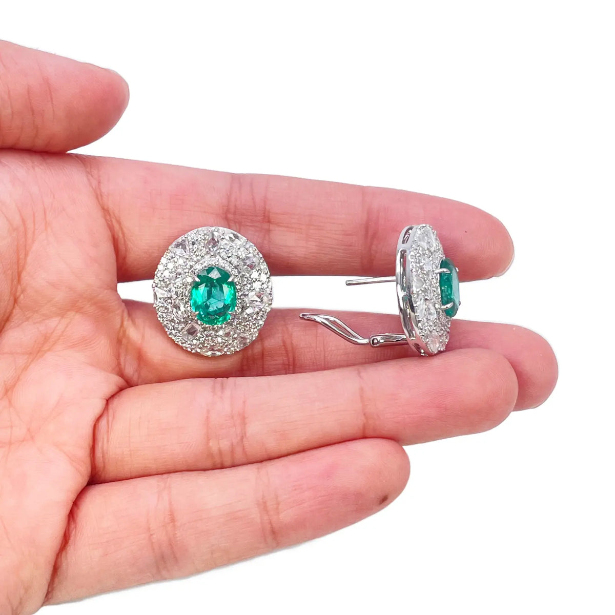 18ct White Gold Green Emerald Rose Cut Diamond Oval Cluster Earrings 6.11ct 