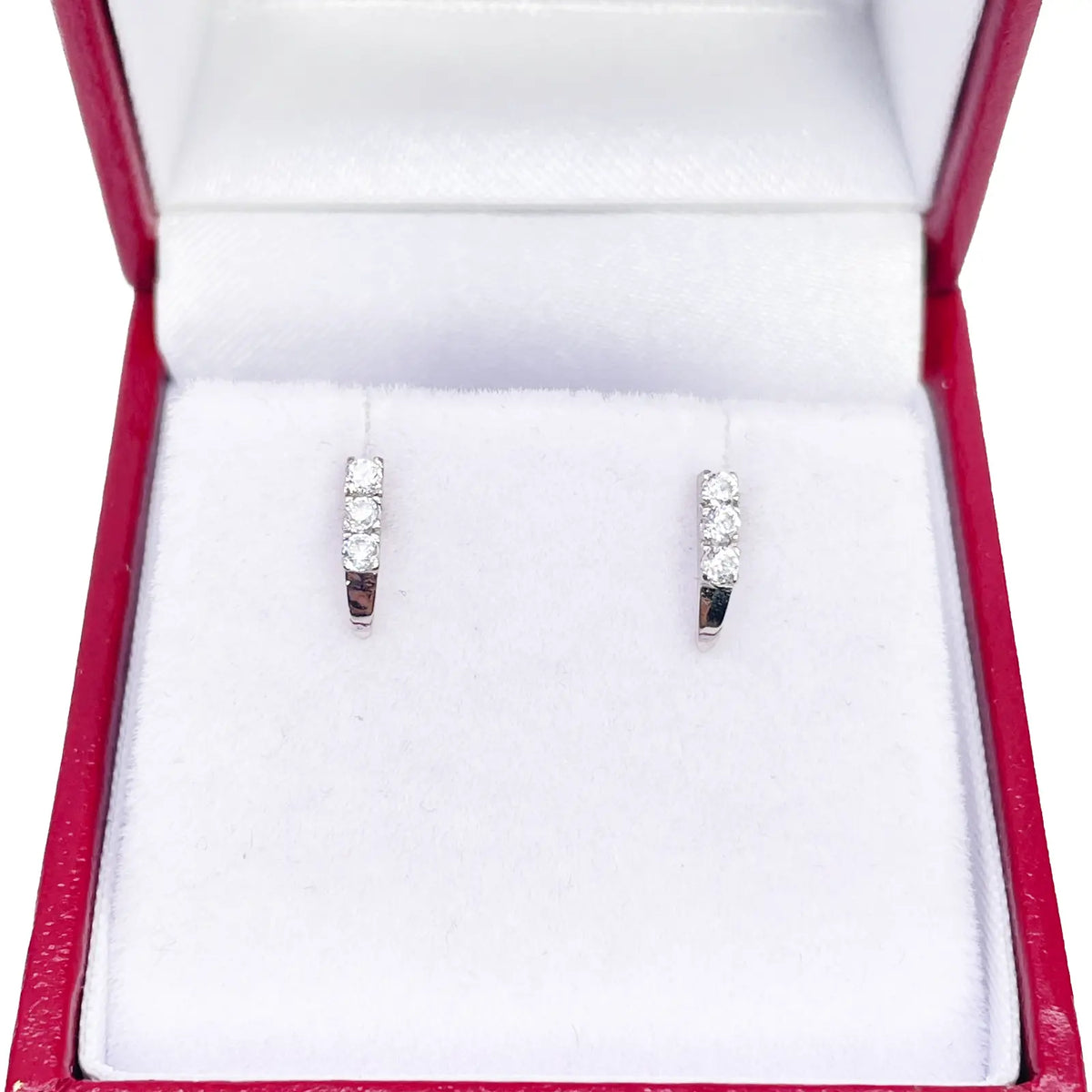 18ct White Gold High Polished 3 Stone Cubic Zirconia Children's Earrings 8mm Length 