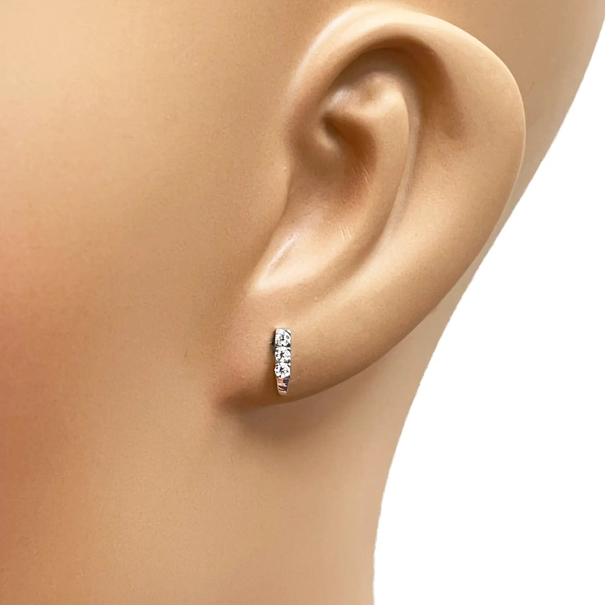 18ct White Gold High Polished 3 Stone Cubic Zirconia Children's Earrings 8mm Length 