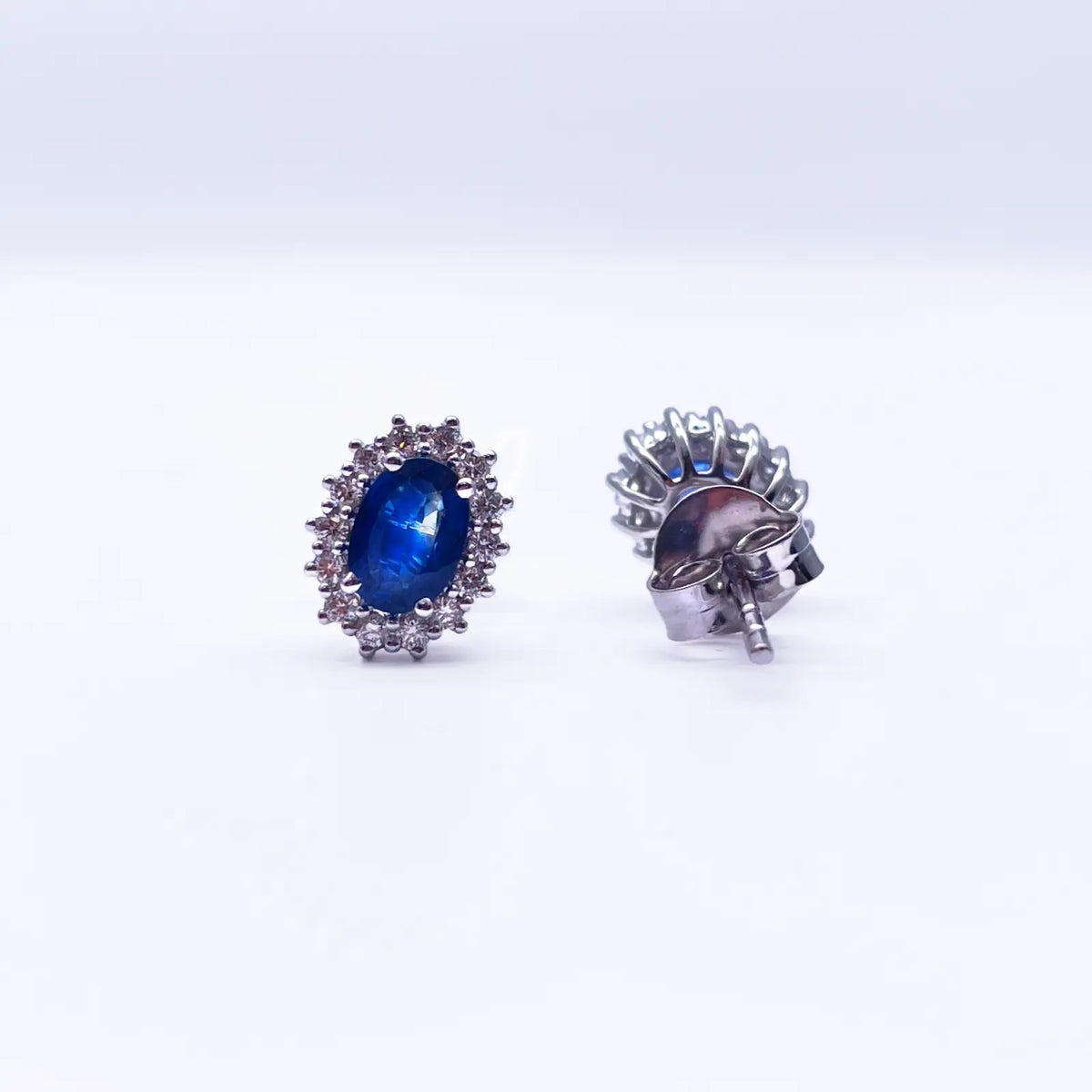 18ct White Gold Natural Blue Sapphire & Diamond Oval Cluster Earrings 1.30ct 