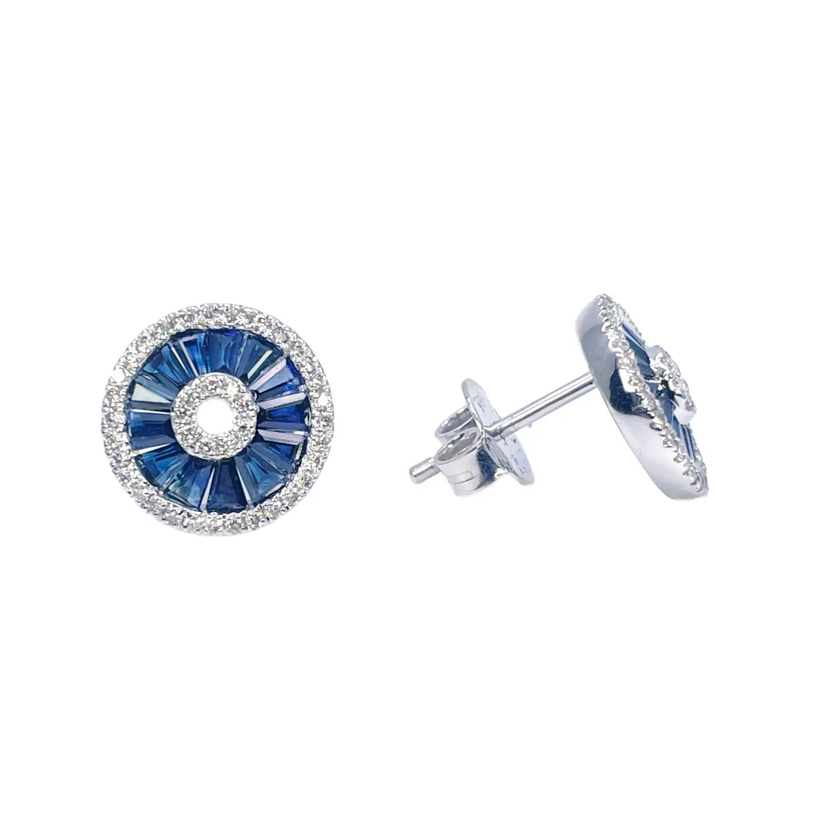 18ct White Gold Natural Blue Sapphire & Diamond Round Stud Earrings 1.78ct 