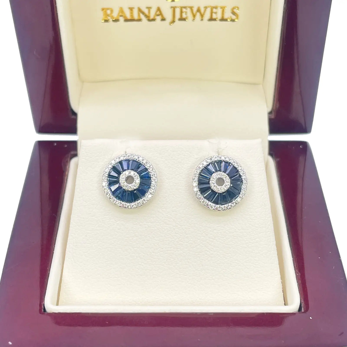 18ct White Gold Natural Blue Sapphire & Diamond Round Stud Earrings 1.78ct 