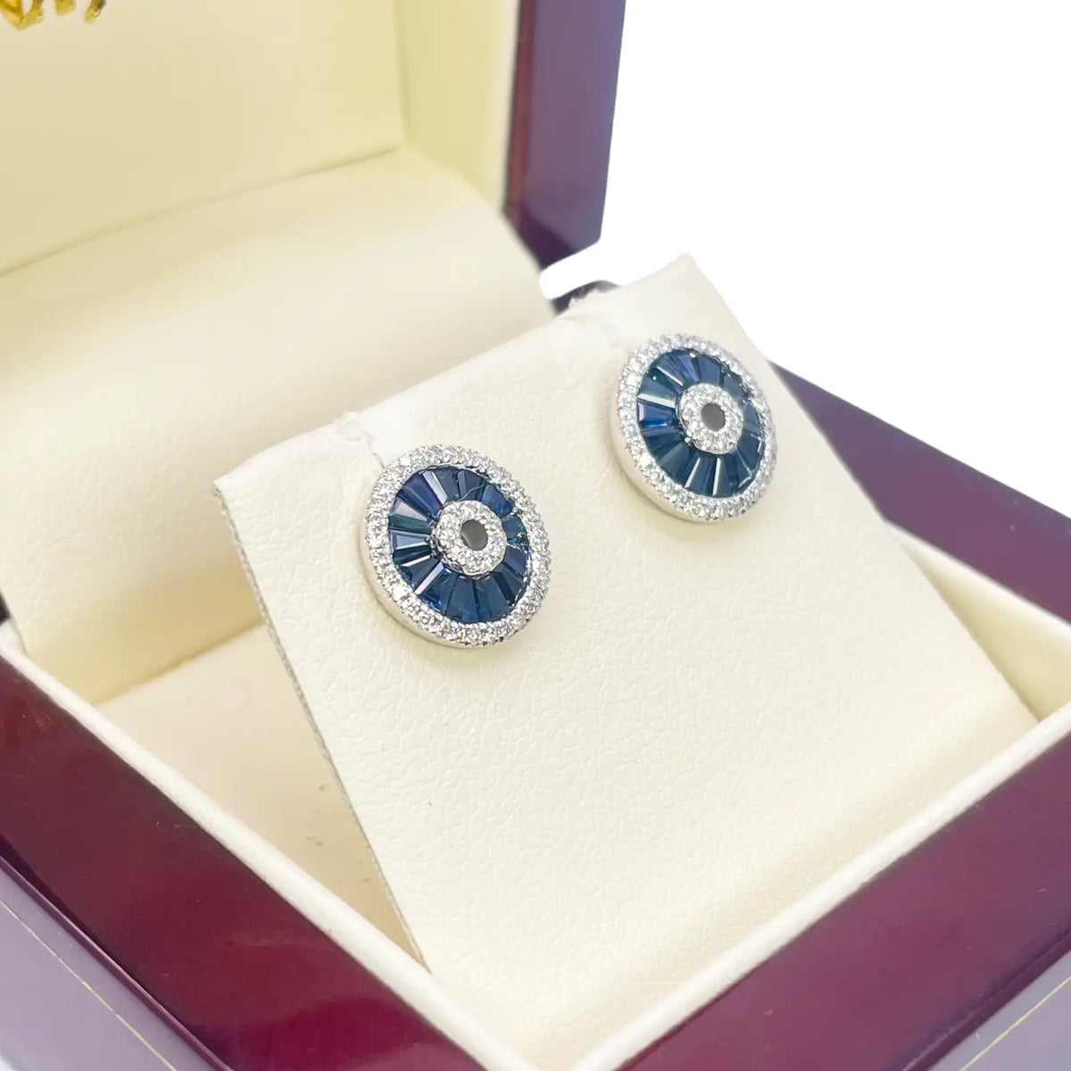 18ct White Gold Natural Blue Sapphire & Diamond Round Stud Earrings 1.78ct 