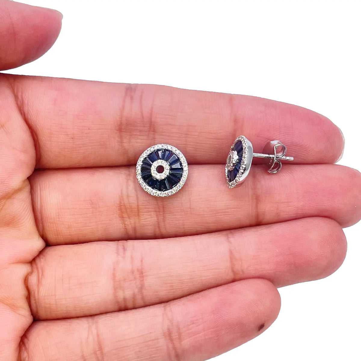 18ct White Gold Natural Blue Sapphire & Diamond Round Stud Earrings 1.78ct 