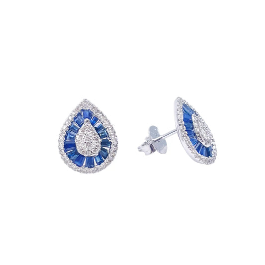 18ct White Gold Natural Blue Sapphire & Diamond Tear Drop Stud Earrings 1.94ct 