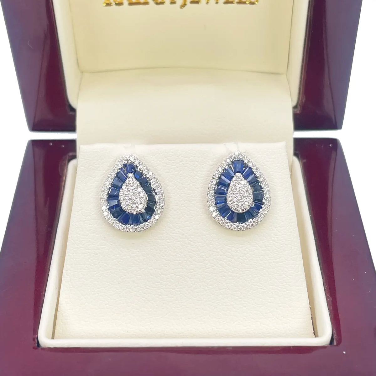 18ct White Gold Natural Blue Sapphire & Diamond Tear Drop Stud Earrings 1.94ct 