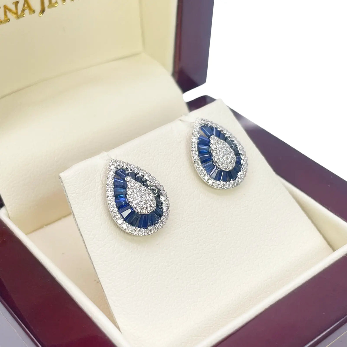 18ct White Gold Natural Blue Sapphire & Diamond Tear Drop Stud Earrings 1.94ct 