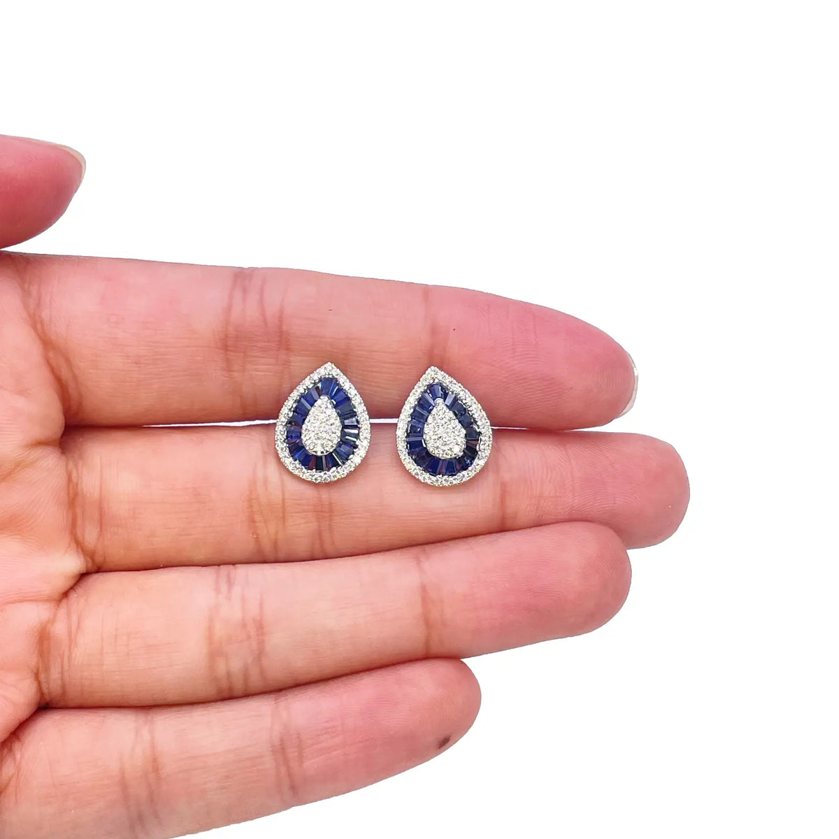 18ct White Gold Natural Blue Sapphire & Diamond Tear Drop Stud Earrings 1.94ct 
