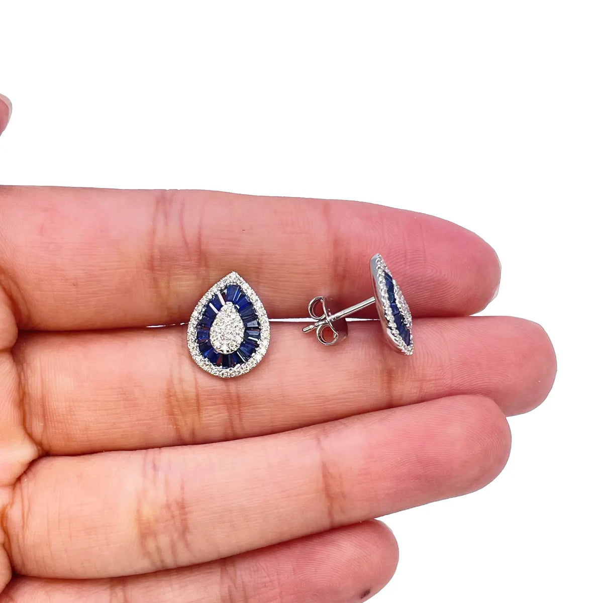18ct White Gold Natural Blue Sapphire & Diamond Tear Drop Stud Earrings 1.94ct 