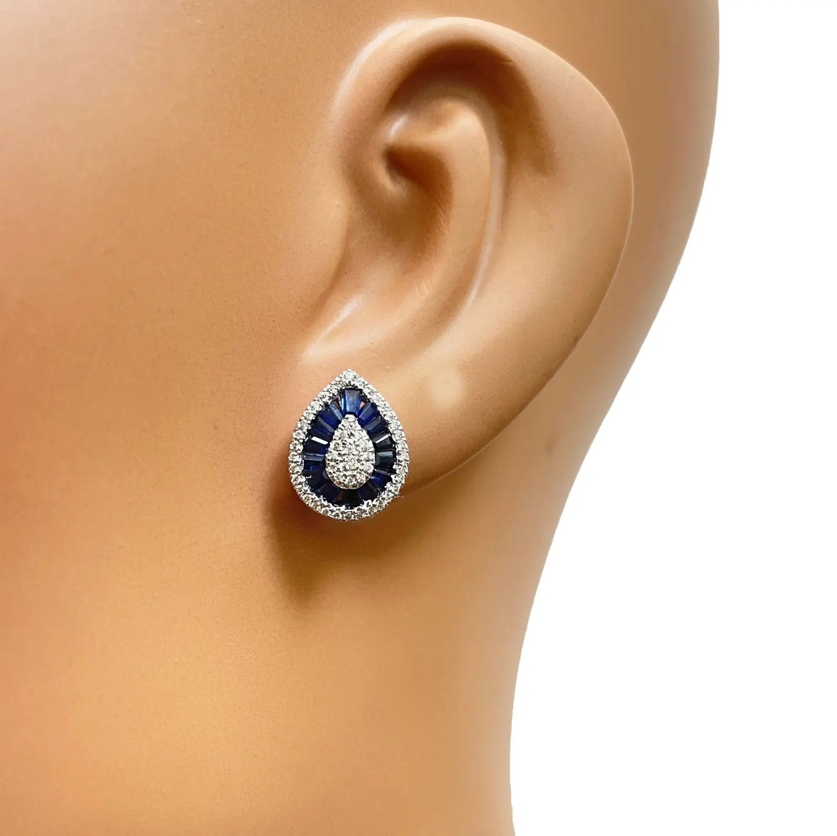 18ct White Gold Natural Blue Sapphire & Diamond Tear Drop Stud Earrings 1.94ct 